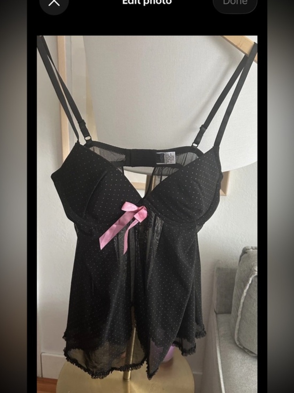 Vtg Y2K Babydoll Polka Dots Top Cami Lace L Whimsigoth Fairy Mesh